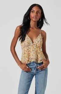 ASTR THE LABEL FLORAL TWO TIERED STRAPPY CAMI in purple/yellow | plunge V-neck camisoles | feminine spaghetti shoulder strap tops
