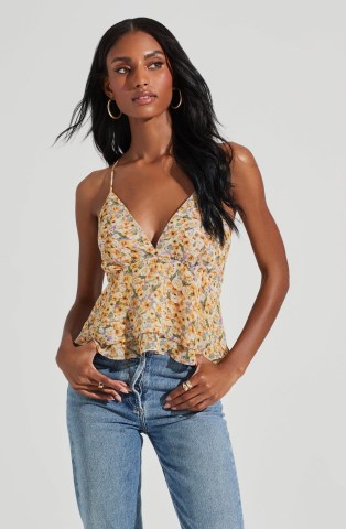 ASTR THE LABEL FLORAL TWO TIERED STRAPPY CAMI in purple/yellow | plunge V-neck camisoles | feminine spaghetti shoulder strap tops - flipped
