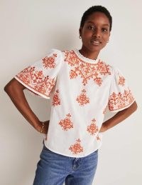 Boden Flutter Sleeve Embroidered Top Ivory, Firecracker Embroidery / wide sleeved frill neck cotton tops / women’s feminine summer clothes