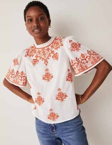 Boden Flutter Sleeve Embroidered Top Ivory, Firecracker Embroidery / wide sleeved frill neck cotton tops / women’s feminine summer clothes - flipped