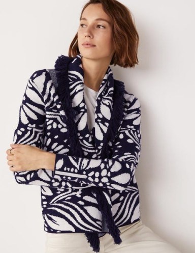 Boden Fringed Jacquard Knit Jacket Navy, Oriental Diamond / dark blue and white floral patterned fringe trimmed jackets / women’s knitted outerwear - flipped