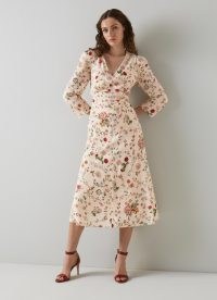 L.K. BENNETT Gabrielle Cream Camelia Print Silk Midi Dress ~ luxury vintage style dresses ~ retro floral print fashion ~ feminine clothes ~ ruched waist detail