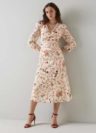 L.K. BENNETT Gabrielle Cream Camelia Print Silk Midi Dress ~ luxury vintage style dresses ~ retro floral print fashion ~ feminine clothes ~ ruched waist detail