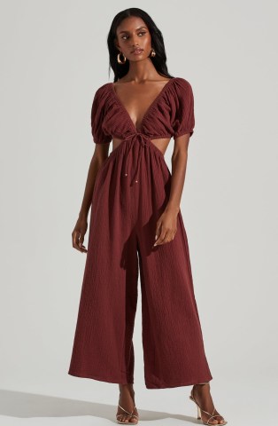 ASTR THE LABEL GAUZE CUT OUT JUMPSUIT in Brown | plunge front wide leg jumpsuits | women’s fashion with plunging necklines - flipped