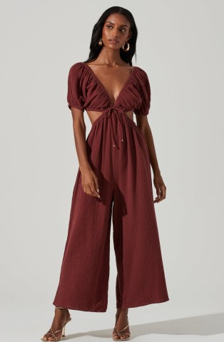 ASTR THE LABEL GAUZE CUT OUT JUMPSUIT in Brown | plunge front wide leg jumpsuits | women’s fashion with plunging necklines