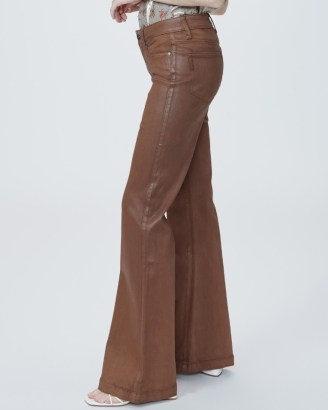 PAIGE Genevieve Cognac Luxe Coating | women’s brown coated denim flares | womens 70s inspired trousers - flipped