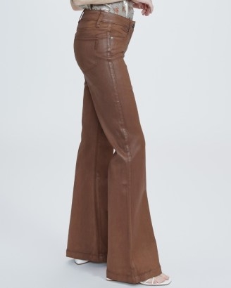 PAIGE Genevieve Cognac Luxe Coating | women’s brown coated denim flares | womens 70s inspired trousers
