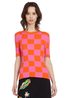 gorman SPRING CHECK TOP in pink – women’s short sleeved knitted tops – checked knitwear – bright orange checks - flipped