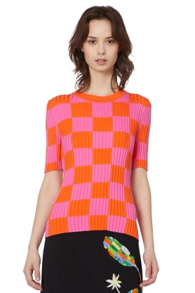 gorman SPRING CHECK TOP in pink – women’s short sleeved knitted tops – checked knitwear – bright orange checks