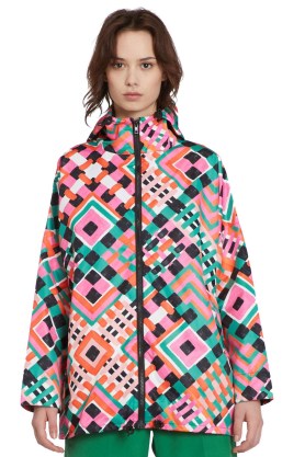 gorman WILD DREAMS RAINCOAT – women’s multicoloured geo print raincoats – womens hooded 100% RPET rain jackets – bright hooded coats – geometric prints – sustainable outerwear – fashion made with recycled materials - flipped