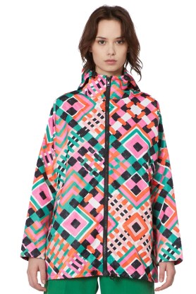 gorman WILD DREAMS RAINCOAT – women’s multicoloured geo print raincoats – womens hooded 100% RPET rain jackets – bright hooded coats – geometric prints – sustainable outerwear – fashion made with recycled materials