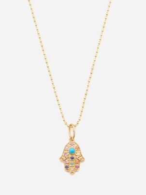 SYDNEY EVAN Hamsa sapphire, turquoise & 14kt gold necklace ~ luxe hand shaped pendant necklaces ~ small jewelled pendants ~ women’s palm-shaped amulet jewellery ~ MATCHESFASHION - flipped