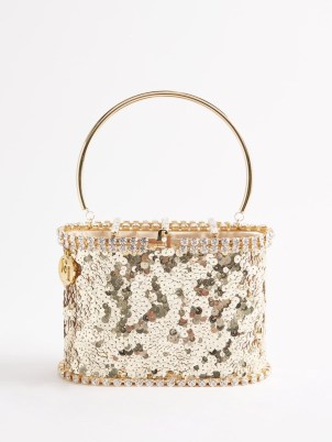 ROSANTICA Holli Ballerina sequin-embellished handbag in gold | small sequinned tops handle handbags | MATCHESFASHION | metallic occasion bags | women’s glamorous party accessories - flipped