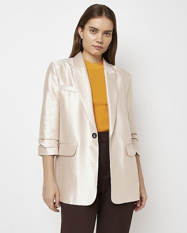 RIVER ISLAND GOLD METALLIC BLAZER ~ women’s high shine evening blazers ~ womens ruched 3/4 length sleeve going out jackets ~ gathered sleeve detail - flipped