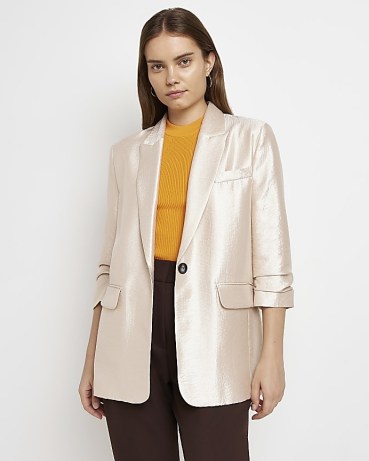 RIVER ISLAND GOLD METALLIC BLAZER ~ women’s high shine evening blazers ~ womens ruched 3/4 length sleeve going out jackets ~ gathered sleeve detail