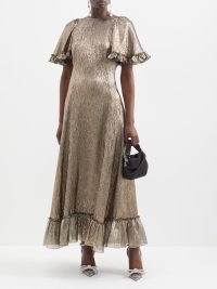 THE VAMPIRE’S WIFE The Midnight Tremors silk-blend lurex dress in gold – glittering metallic occasion dresses – short ruffled cape sleeves – women’s ruffle trim event clothes – glamorous eveing fashion – MATCHESFASHION