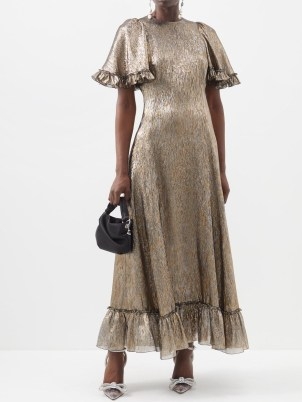 THE VAMPIRE’S WIFE The Midnight Tremors silk-blend lurex dress in gold – glittering metallic occasion dresses – short ruffled cape sleeves – women’s ruffle trim event clothes – glamorous eveing fashion – MATCHESFASHION - flipped