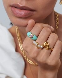 MISSOMA Good Vibes Small Enamel Flower Gemstone Ring 18ct Gold Plated, Purple Quartz / aqua blue floral rings / women’s summer boho inspired jewellery