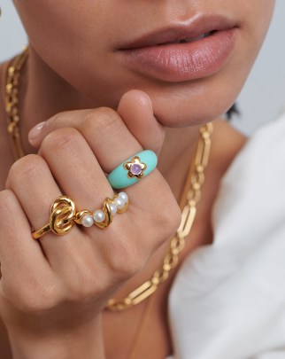 MISSOMA Good Vibes Small Enamel Flower Gemstone Ring 18ct Gold Plated, Purple Quartz / aqua blue floral rings / women’s summer boho inspired jewellery - flipped