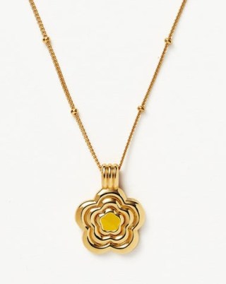 MISSOMA Good Vibes Engravable Enamel Flower Pendant Necklace 18ct Gold Plated Vermeil, Lemon Yellow / floral necklaces / retro inspired pendants