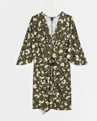 RIVER ISLAND GREEN ANIMAL PRINT RUCHED MINI DRESS – wide kimono sleeves – front gathered detail evening dresses – going out fashion – leopard prints