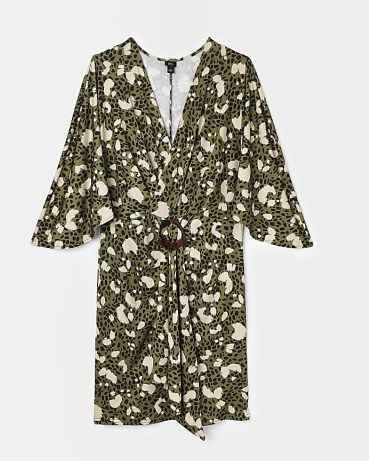 RIVER ISLAND GREEN ANIMAL PRINT RUCHED MINI DRESS – wide kimono sleeves – front gathered detail evening dresses – going out fashion – leopard prints - flipped