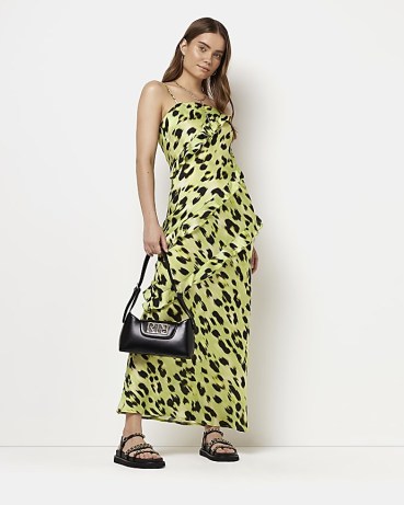 RIVER ISLAND GREEN ANIMAL PRINT SATIN MAXI DRESS ~ long legnth ruffled cami strap dresses ~ leopard prints on women’s fashion ~ womens clothes with spaghetti shoulder straps - flipped