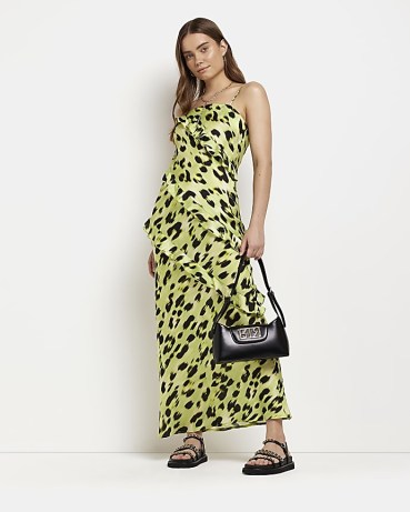 RIVER ISLAND GREEN ANIMAL PRINT SATIN MAXI DRESS ~ long legnth ruffled cami strap dresses ~ leopard prints on women’s fashion ~ womens clothes with spaghetti shoulder straps