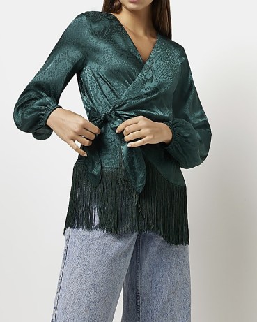 RIVER ISLAND GREEN ANIMAL PRINT WRAP TOP ~ long sleeved fringe trim side tie tops ~ women’s fringed fashion - flipped