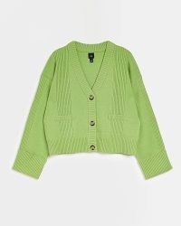 RIVER ISLAND GREEN CROP RIB CARDIGAN ~ women’s V-neck ribbed detail front button cardigans