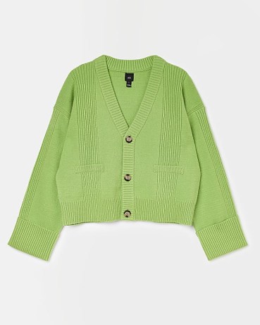 RIVER ISLAND GREEN CROP RIB CARDIGAN ~ women’s V-neck ribbed detail front button cardigans - flipped