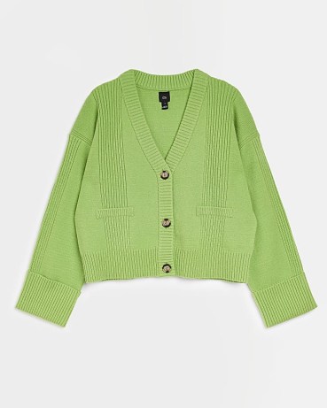 RIVER ISLAND GREEN CROP RIB CARDIGAN ~ women’s V-neck ribbed detail front button cardigans