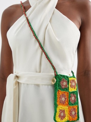 ROSANTICA Crystal-embellished crochet phone cross-body bag in green / luxe knitted crossbody / sweet floral bags covered in crystals / designer patchwork handbags and / luxury boho accessory / MATCHESFASHION / - flipped