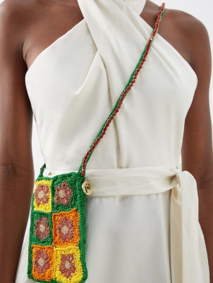 ROSANTICA Crystal-embellished crochet phone cross-body bag in green / luxe knitted crossbody / sweet floral bags covered in crystals / designer patchwork handbags and / luxury boho accessory / MATCHESFASHION /