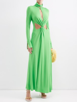 VICTORIA BECKHAM Cutout jersey maxi dress in green ~ elegant cut out detail event clothes ~ flowing lime coloured long sleeved high neck occasion dresses ~ women’s designer evening fashion ~ MATCHESFATION ~ fluid fabric clothing - flipped