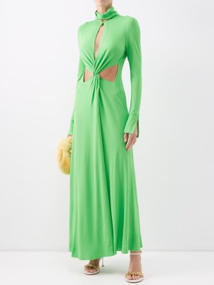 VICTORIA BECKHAM Cutout jersey maxi dress in green ~ elegant cut out detail event clothes ~ flowing lime coloured long sleeved high neck occasion dresses ~ women’s designer evening fashion ~ MATCHESFATION ~ fluid fabric clothing