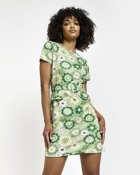 RIVER ISLAND GREEN FLORAL BELTED MINI DRESS ~ retro flower prints on womens fashion