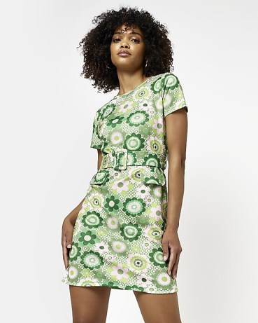 RIVER ISLAND GREEN FLORAL BELTED MINI DRESS ~ retro flower prints on womens fashion - flipped