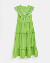 RIVER ISLAND GREEN FRILL MIDI DRESS – womens sleeveless tiered hem ruffle trim dresses – cotton summer fashion – boho clothes