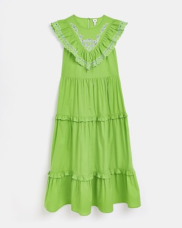 RIVER ISLAND GREEN FRILL MIDI DRESS – womens sleeveless tiered hem ruffle trim dresses – cotton summer fashion – boho clothes