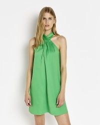 RIVER ISLAND GREEN HALTER NECK MINI DRESS ~ wrap style halterneck dresses ~ womens satin party fashion ~ date night