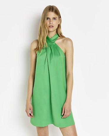 RIVER ISLAND GREEN HALTER NECK MINI DRESS ~ wrap style halterneck dresses ~ womens satin party fashion ~ date night