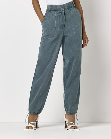 RIVER ISLAND GREEN HIGH WAISTED TAPERED TROUSERS ~ women’s sportswear inspired cotton twill trousers ~ womens casual jogger style cuffed pants - flipped