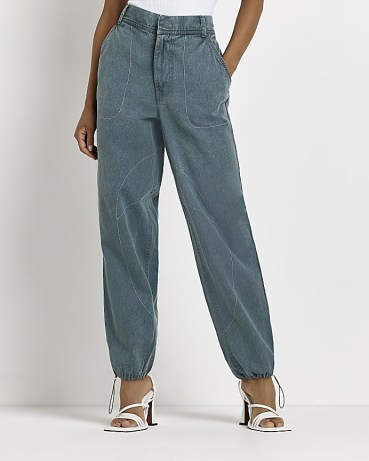 RIVER ISLAND GREEN HIGH WAISTED TAPERED TROUSERS ~ women’s sportswear inspired cotton twill trousers ~ womens casual jogger style cuffed pants