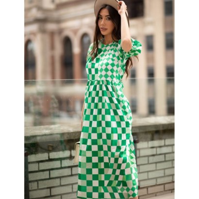 Jessie Zhao New York GREEN IMAGINATION MIDI DRESS ~ Wolf & Badger ~ women’s check print puff sleeved dresses ~ feminine cut out back clothes