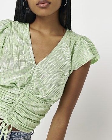 RIVER ISLAND GREEN METALLIC RUCHED TOP ~ women’s gathered waist plisse fabric tops ~ short flutter sleeves ~ on-trend fashion