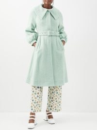 SHRIMPS Oversized-collar wool-blend bouclé trench coat in green ~ women’s textured belted coats ~ womens vintage inspired outerwear ~ MATCHESFASHION