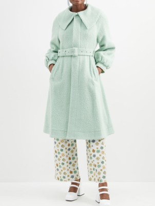 SHRIMPS Oversized-collar wool-blend bouclé trench coat in green ~ women’s textured belted coats ~ womens vintage inspired outerwear ~ MATCHESFASHION - flipped