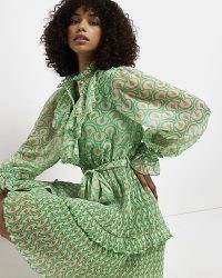 RIVER ISLAND GREEN PRINTED FRILL MINI DRESS – romantic ruffle front dresses