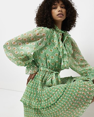 RIVER ISLAND GREEN PRINTED FRILL MINI DRESS – romantic ruffle front dresses - flipped